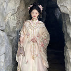 Ming Dynasty Hanfu Set Women - Soft Apricot Beige & Blush Pink Embroidered Standing Collar Robe (Changshan), Cloud Collar (Yunjian) & Horse-Face Skirt (Mamianqun) Set