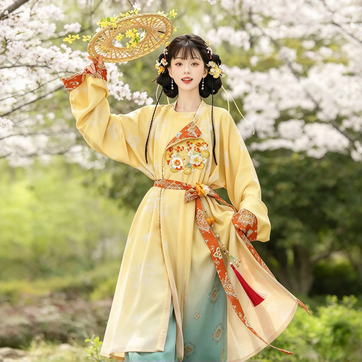 Chinesisches Hanfu Kleid Damen (Yuanlingpao Set) – Tang-Dynastie Hanfu Robe in Gelb mit Bestickung & Weiter Hose, Traditionelles Kostüm für Cosplay & Fotoshooting