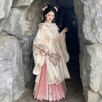 Ming Dynasty Hanfu Set Women - Soft Apricot Beige & Blush Pink Embroidered Standing Collar Robe (Changshan), Cloud Collar (Yunjian) & Horse-Face Skirt (Mamianqun) Set