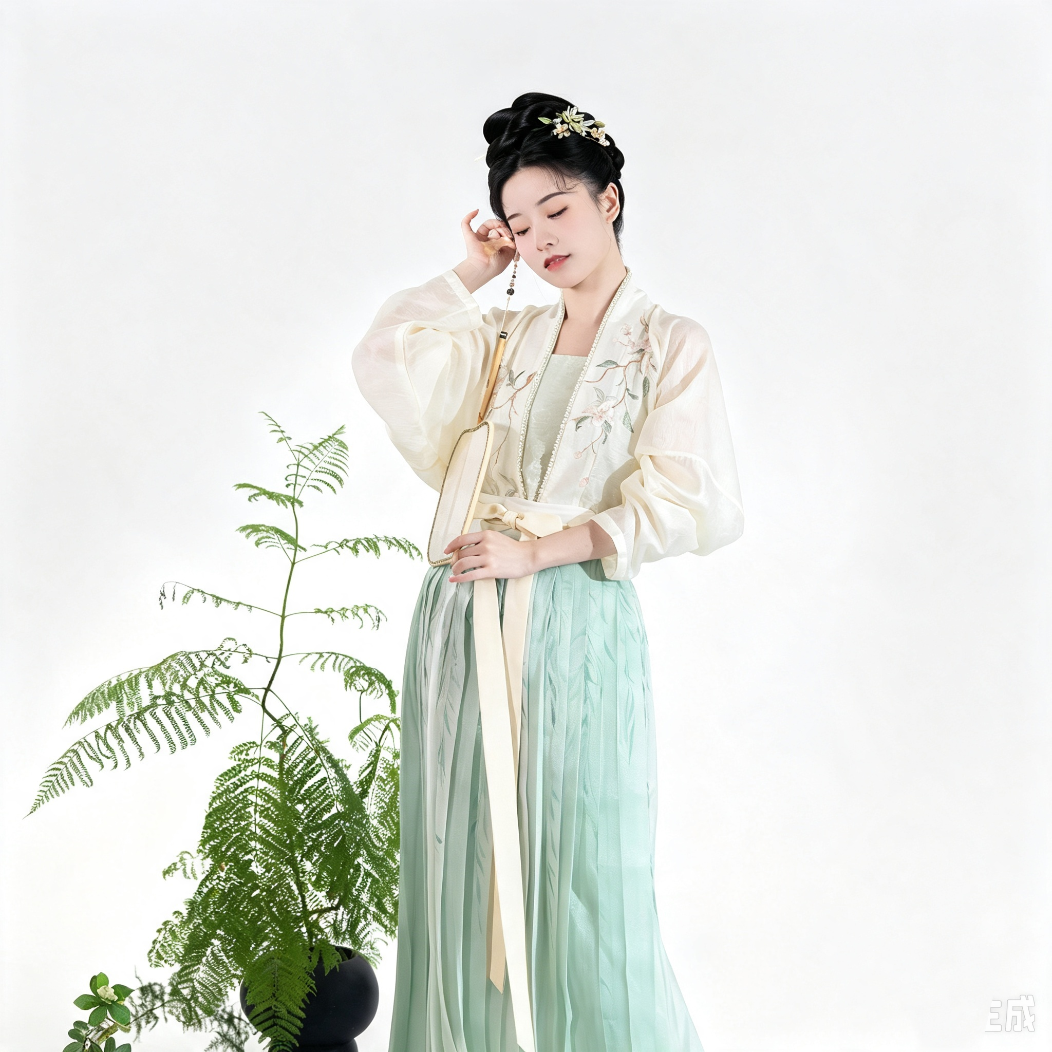 Song Dynasty White Green Hanfu - Pearl Trim Sheer Jacket & Mint Pleated Skirt Set, Ancient Chinese Outfit for Photoshoot & Tea Ceremony