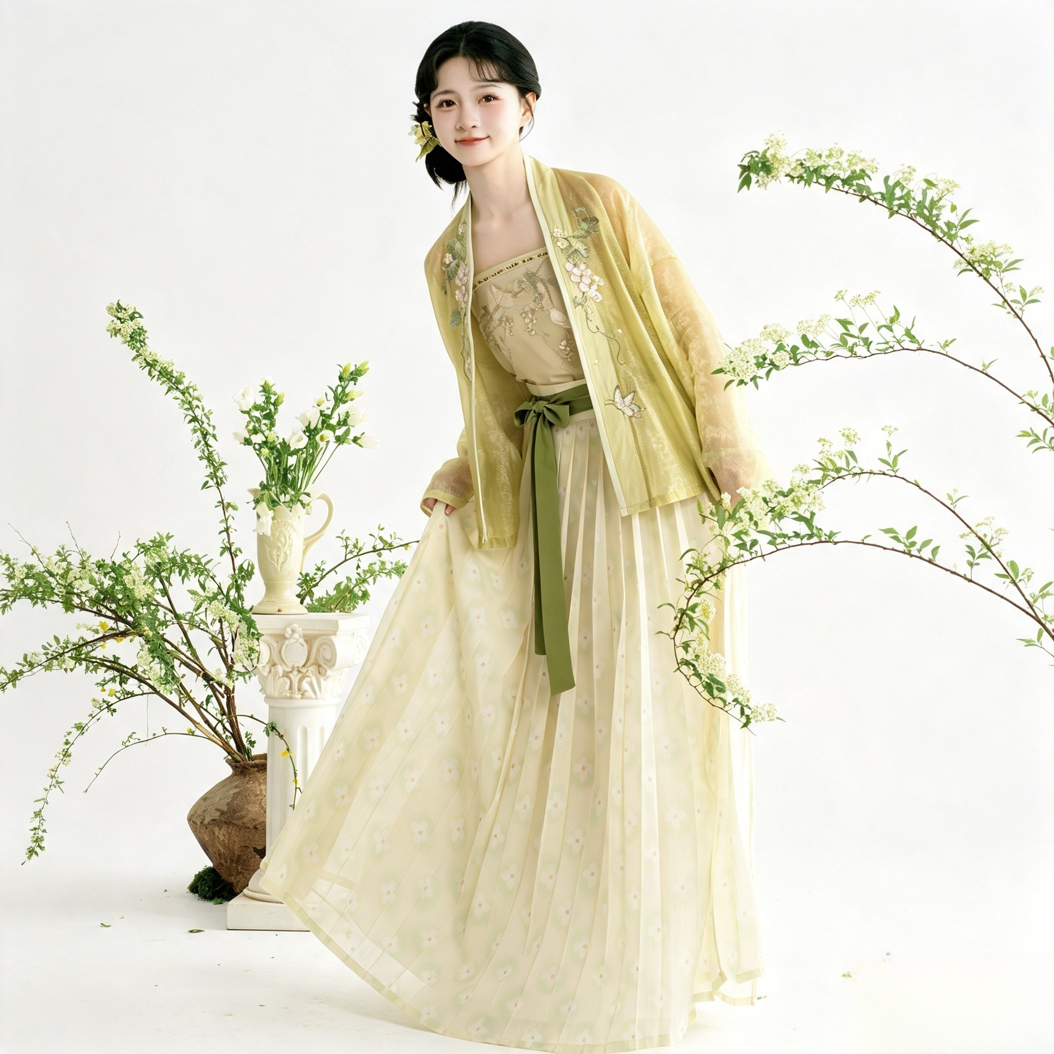 Song Dynasty Hanfu Dress Women - Pale Yellow Sage Green Embroidered Traditional Chinese Clothing Flowy Pleated Long Gown