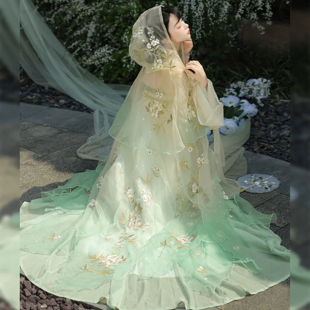 Tang Dynasty Style Hanfu Dress Women - Sage Green & Light Champagne Floral Hooded Cloak High-Waisted Chest-Ru (Qixiong Ruqun) Set