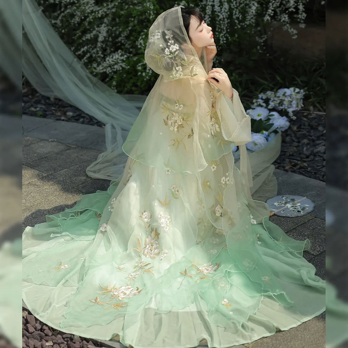 Tang Dynasty Style Hanfu Dress Women - Sage Green & Light Champagne Floral Hooded Cloak High-Waisted Chest-Ru (Qixiong Ruqun) Set