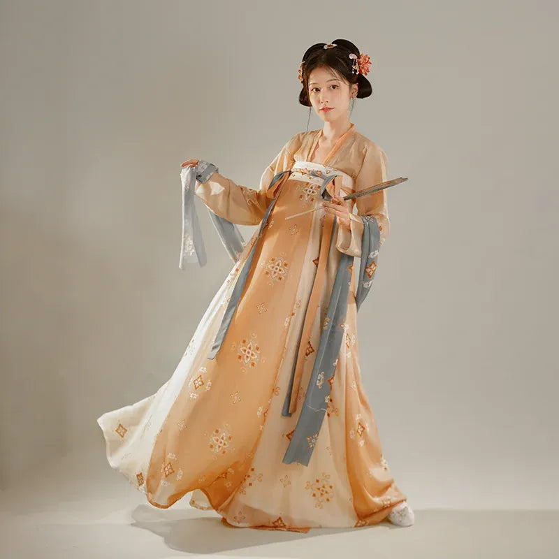 Tang Dynasty Style Hanfu Dress Women - Amber Orange & Slate Blue Printed High-Waisted Chest-Ru (Qixiong Ruqun) Set