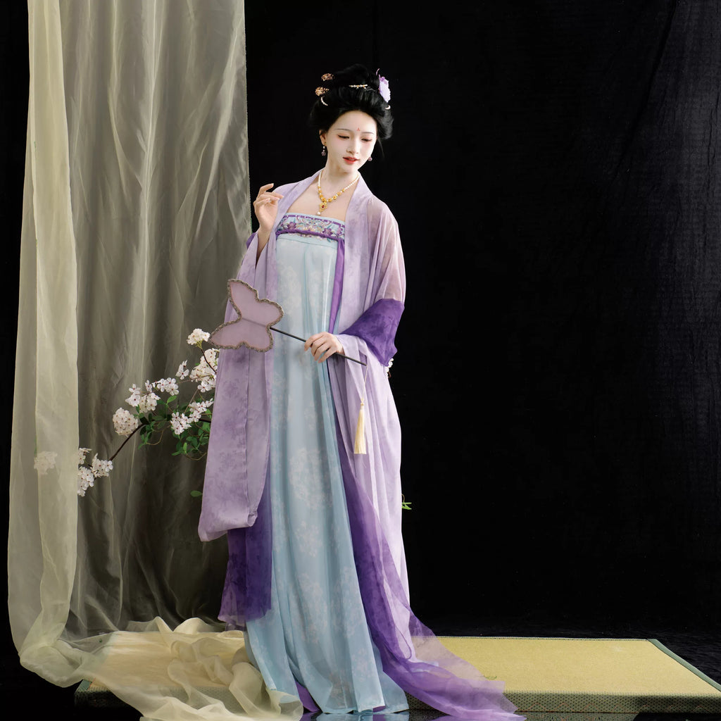 Tang Dynasty Style Hanfu Dress Women - Lavender Purple & Ice Blue Floral Chest-Ru (Qixiong Ruqun) Set