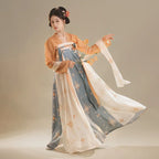 Tang Dynasty Style Hanfu Dress Women - Amber Orange & Slate Blue Printed High-Waisted Chest-Ru (Qixiong Ruqun) Set