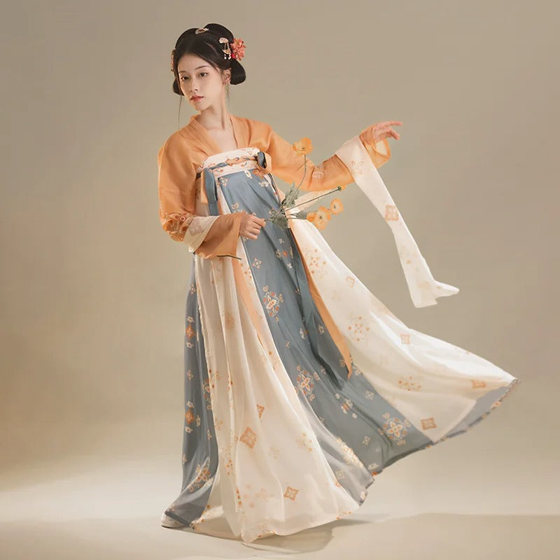 Tang Dynasty Style Hanfu Dress Women - Amber Orange & Slate Blue Printed High-Waisted Chest-Ru (Qixiong Ruqun) Set