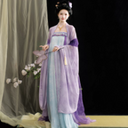 Tang Dynasty Style Hanfu Dress Women - Lavender Purple & Ice Blue Floral Chest-Ru (Qixiong Ruqun) Set