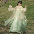 Tang Dynasty Style Hanfu Dress Women - Sage Green & Light Champagne Floral Hooded Cloak High-Waisted Chest-Ru (Qixiong Ruqun) Set