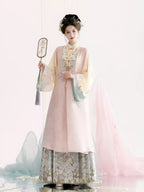 Tang-Dynastie Hanfu Set Damen – Eleganter Mantel in Rosa & Gelb mit Detaillierter Stickerei & Fließendem Rock für Fotoshooting & Events