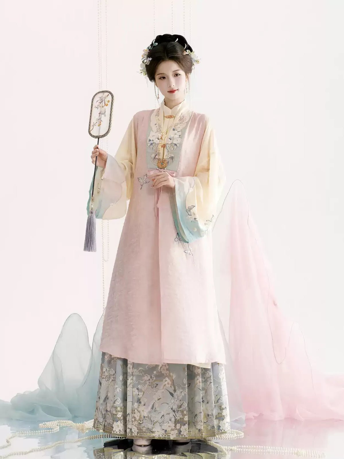 Tang-Dynastie Hanfu Set Damen – Eleganter Mantel in Rosa & Gelb mit Detaillierter Stickerei & Fließendem Rock für Fotoshooting & Events