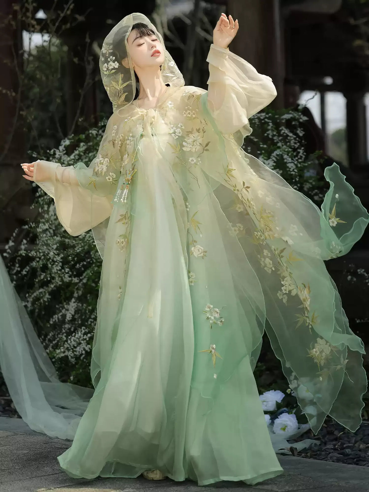 Tang Dynasty Style Hanfu Dress Women - Sage Green & Light Champagne Floral Hooded Cloak High-Waisted Chest-Ru (Qixiong Ruqun) Set