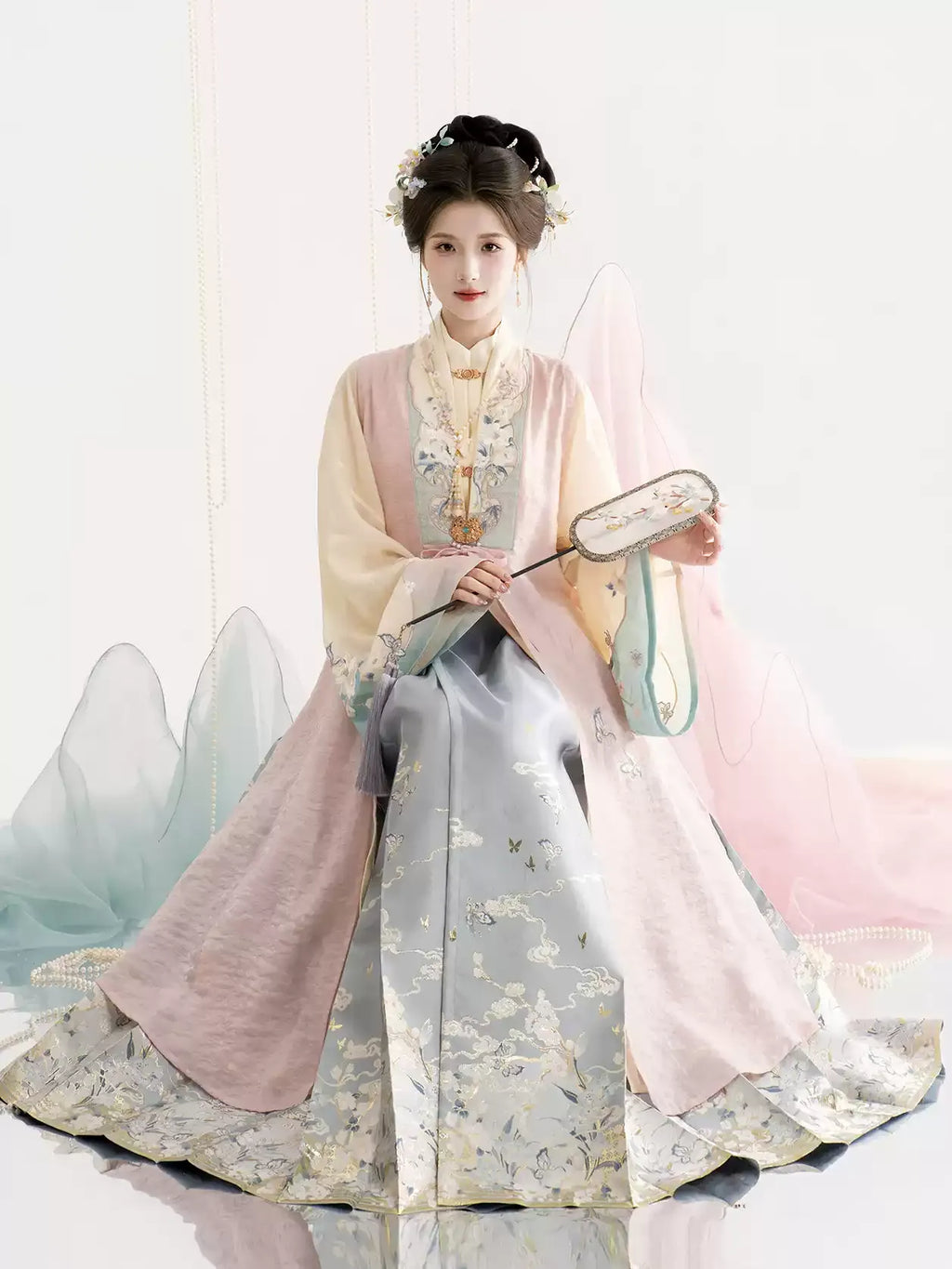 Tang-Dynastie Hanfu Set Damen – Eleganter Mantel in Rosa & Gelb mit Detaillierter Stickerei & Fließendem Rock für Fotoshooting & Events