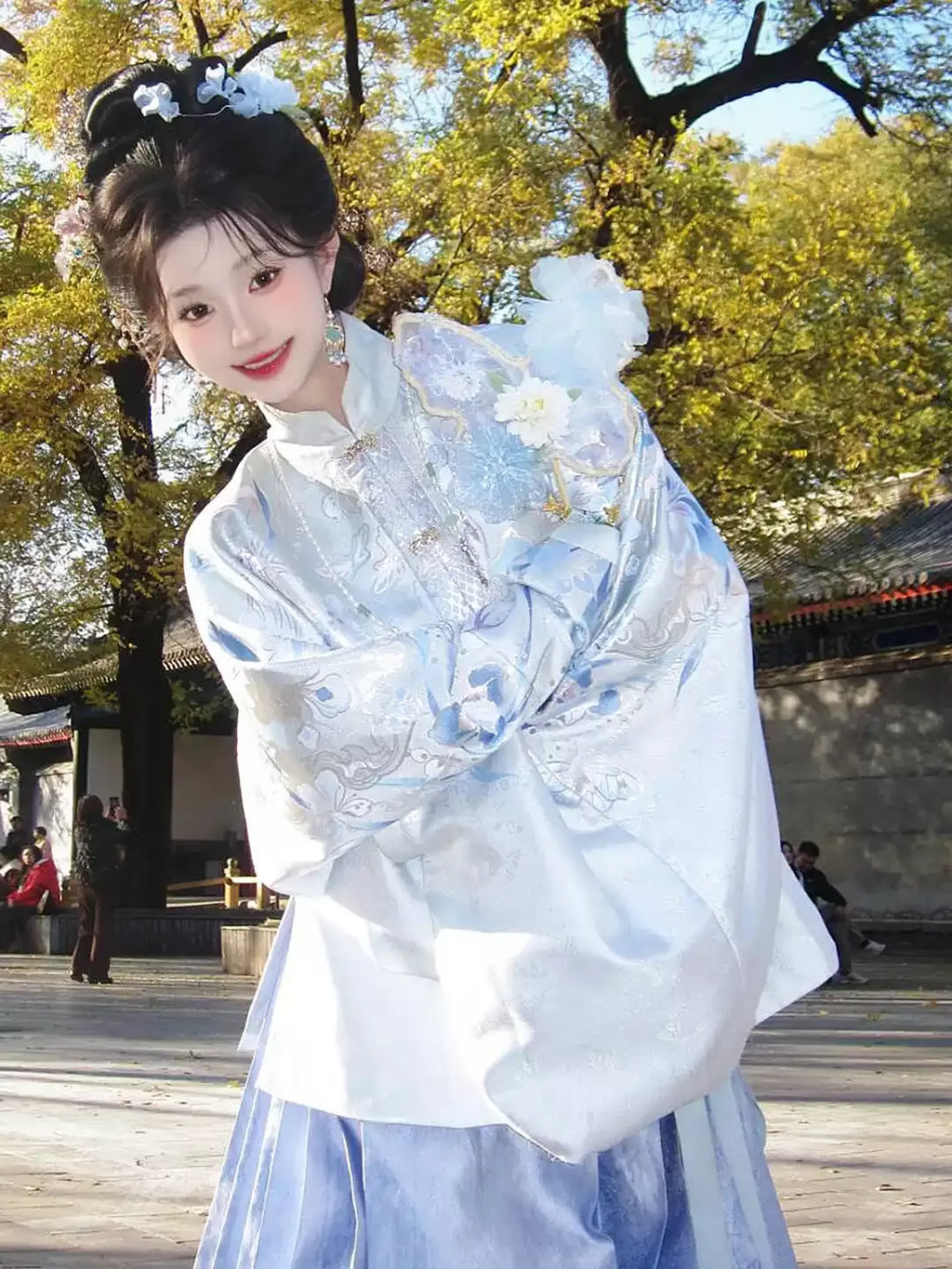 Tang-Dynastie Hanfu Set Damen – Eisblaues Qixiong Ruqun mit Weiten Ärmeln & Elegantes Gewand für Fotoshooting