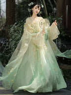 Tang Dynasty Style Hanfu Dress Women - Sage Green & Light Champagne Floral Hooded Cloak High-Waisted Chest-Ru (Qixiong Ruqun) Set