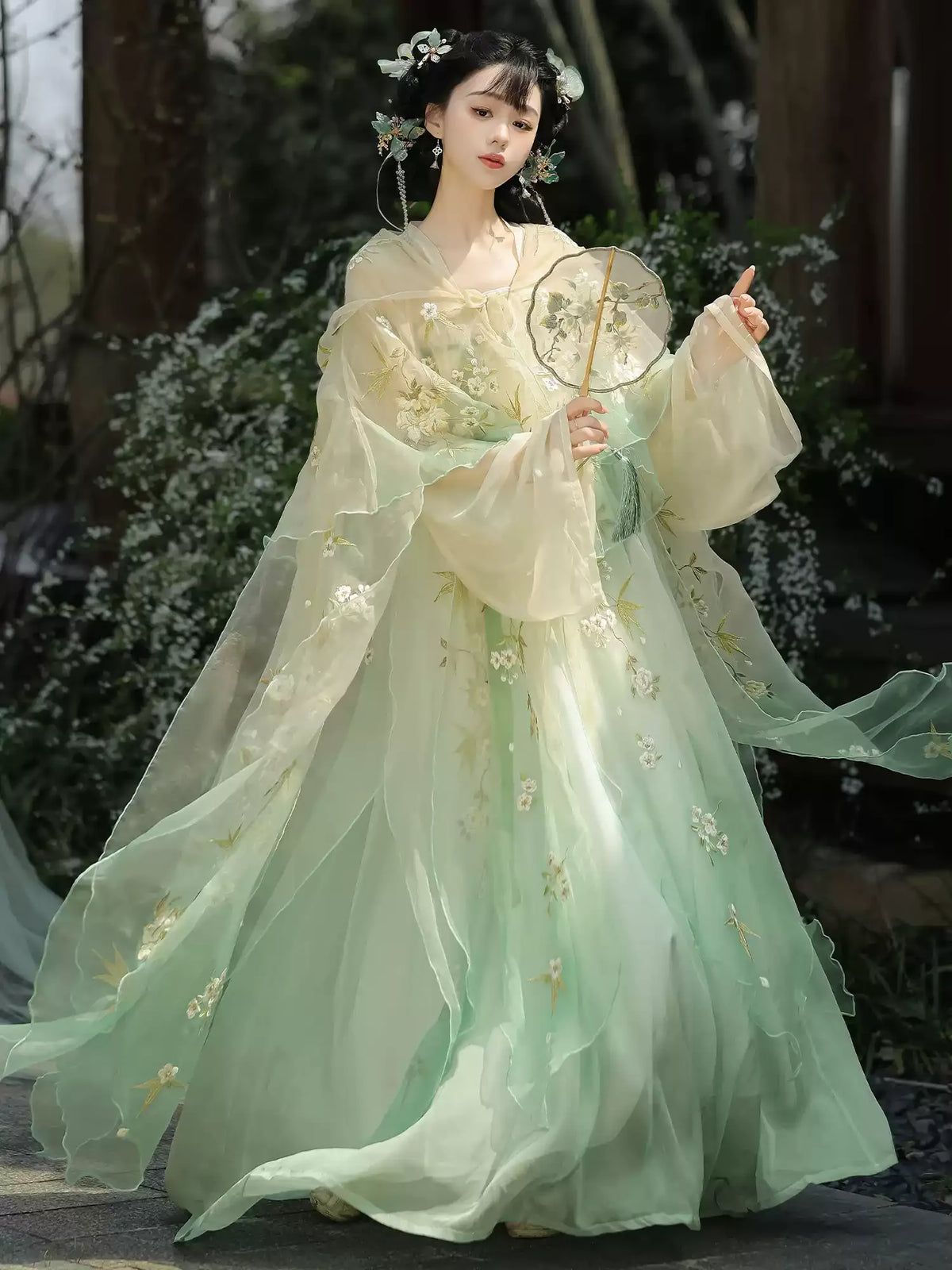 Tang Dynasty Style Hanfu Dress Women - Sage Green & Light Champagne Floral Hooded Cloak High-Waisted Chest-Ru (Qixiong Ruqun) Set