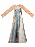 Tang Dynasty Style Hanfu Dress Women - Amber Orange & Slate Blue Printed High-Waisted Chest-Ru (Qixiong Ruqun) Set