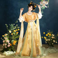 Amber yellow Tang-style Qixiong Ruqun with a short-sleeved top and draped shawl