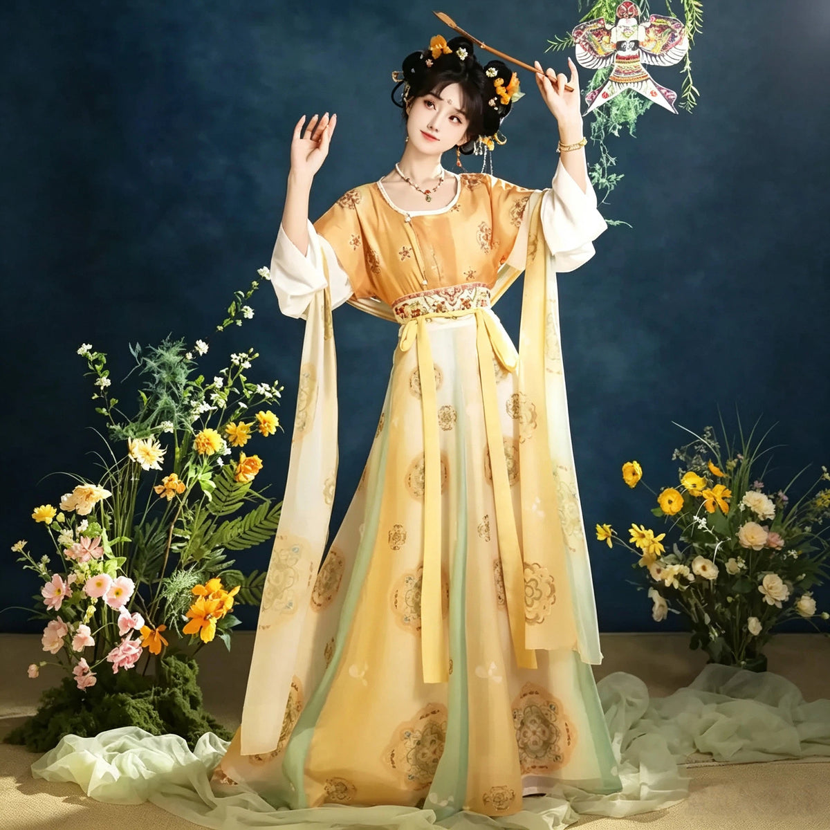 Amber yellow Tang-style Qixiong Ruqun with a short-sleeved top and draped shawl