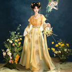 Women's yellow chest-high Hanfu dress with a printed skirt