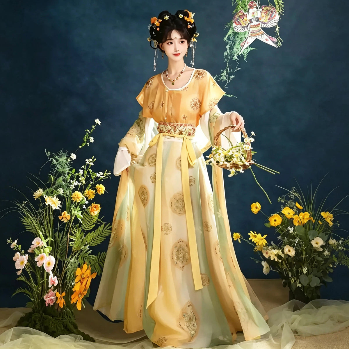 Women's yellow chest-high Hanfu dress with a printed skirt
