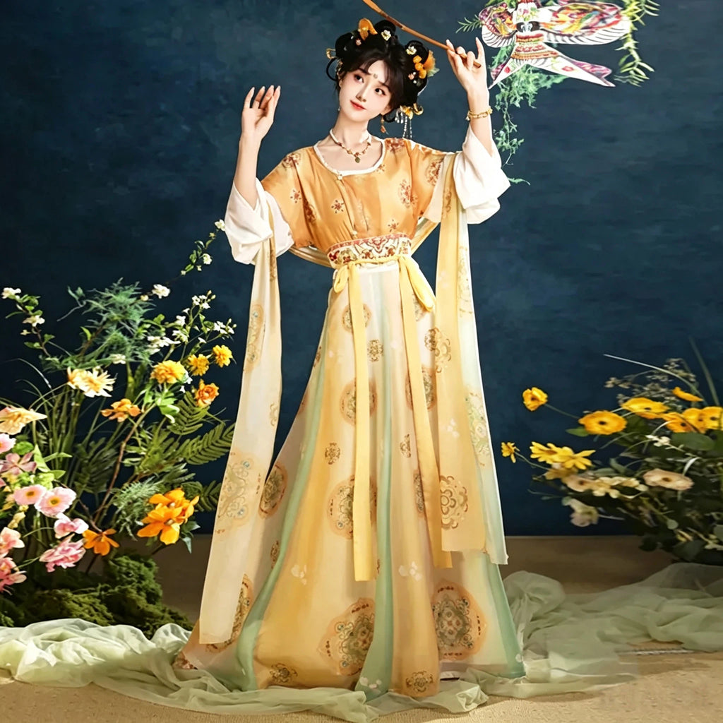 Tang-inspired amber yellow Ruqun outfit with a short-sleeved shirt