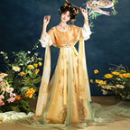 Tang-inspired amber yellow Ruqun outfit with a short-sleeved shirt