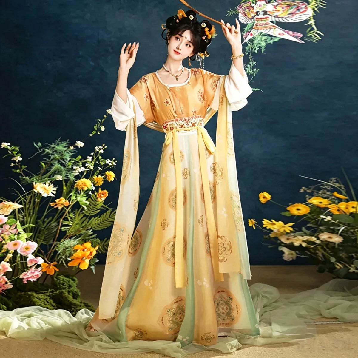 Tang-inspired amber yellow Ruqun outfit with a short-sleeved shirt