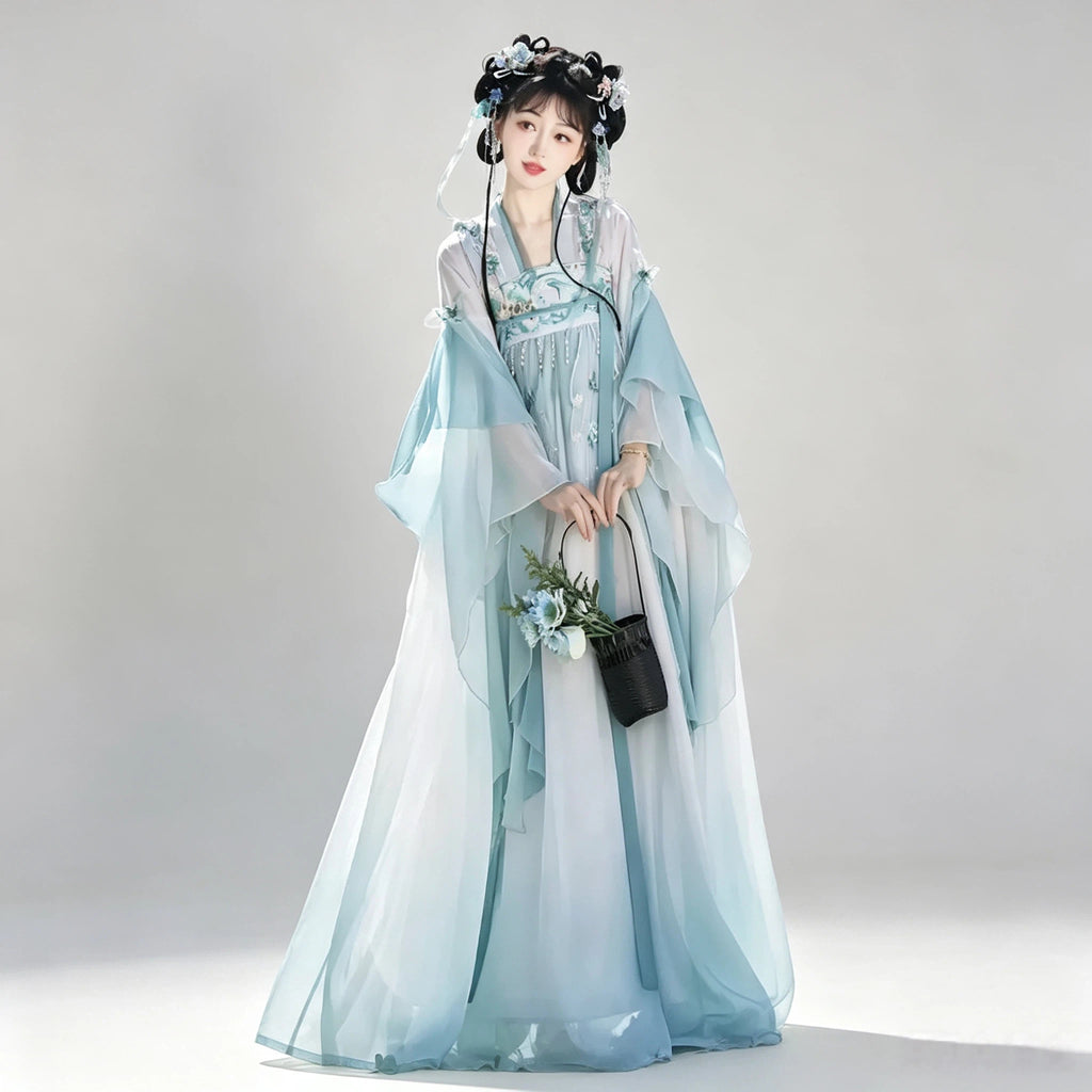 Aqua blue and white gradient Tang-style Hanfu with an embroidered Qixiong skirt