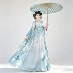 Tang-inspired high-waisted Hanfu dress in aqua blue and white