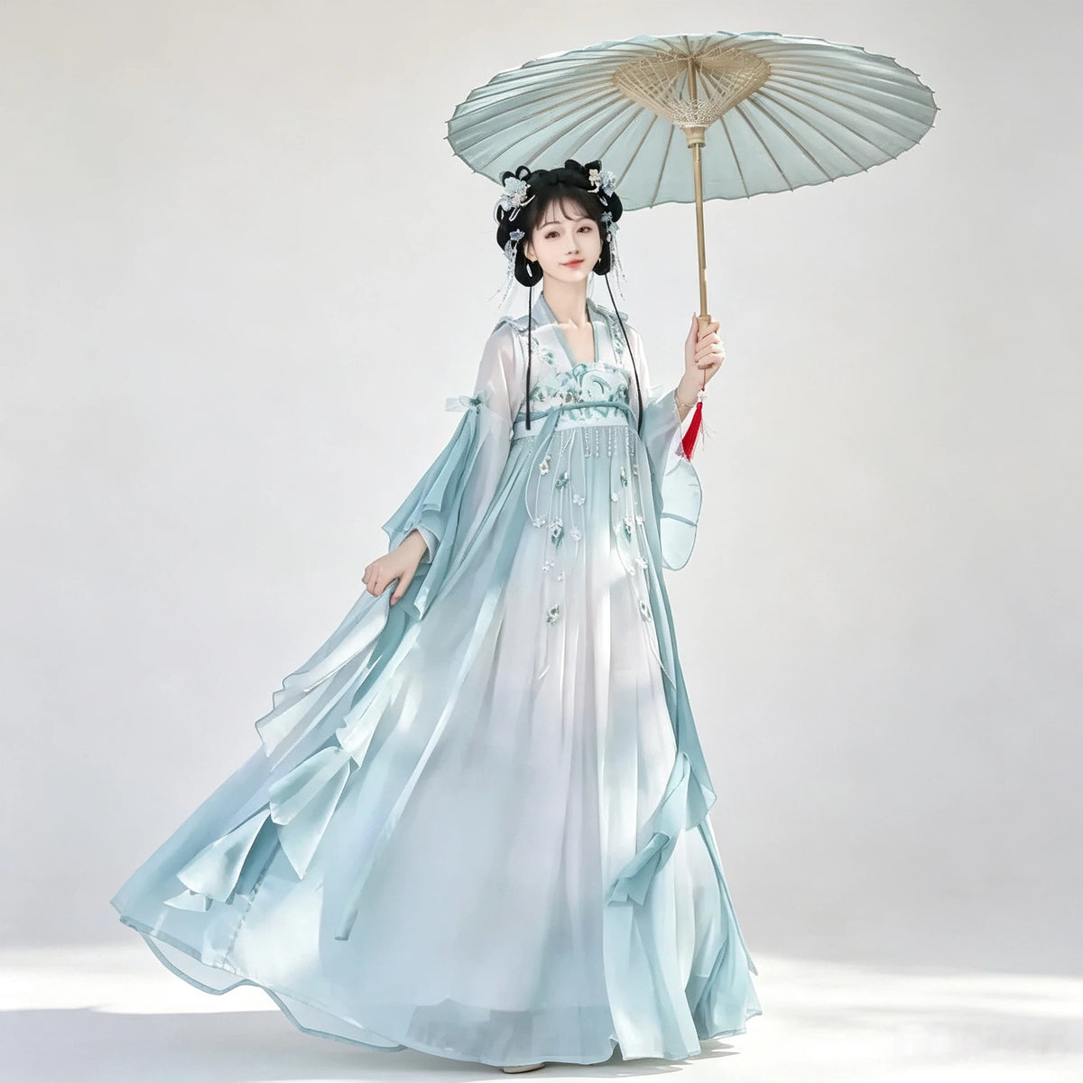 Tang-inspired high-waisted Hanfu dress in aqua blue and white