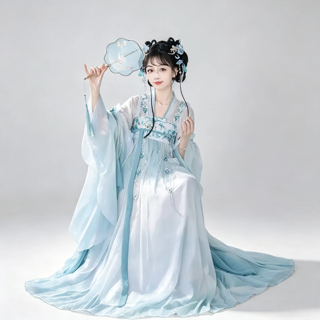 Blue and white embroidered chest-high Ruqun Hanfu set