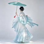Gradient aqua Hanfu with a matching draped shawl