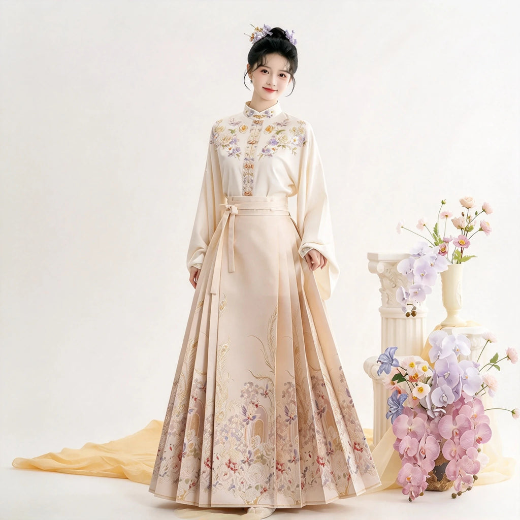 Women's beige standing-collar Hanfu shirt with lavender floral embroidery
