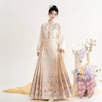 Women's beige standing-collar Hanfu shirt with lavender floral embroidery
