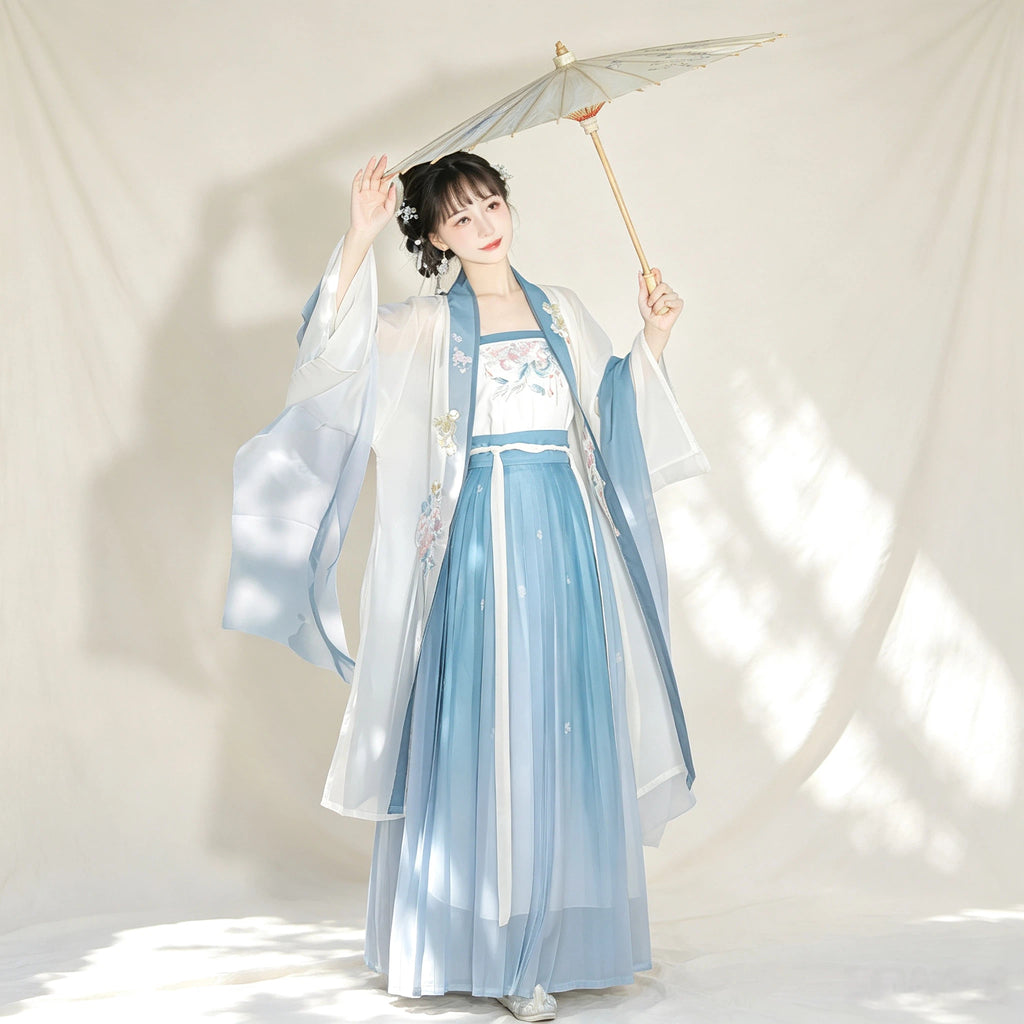 Blue ombre Song-style Hanfu with a sheer robe and pleated skirt