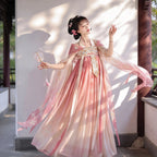 Women's high-waisted Hanfu set in blush pink and coral