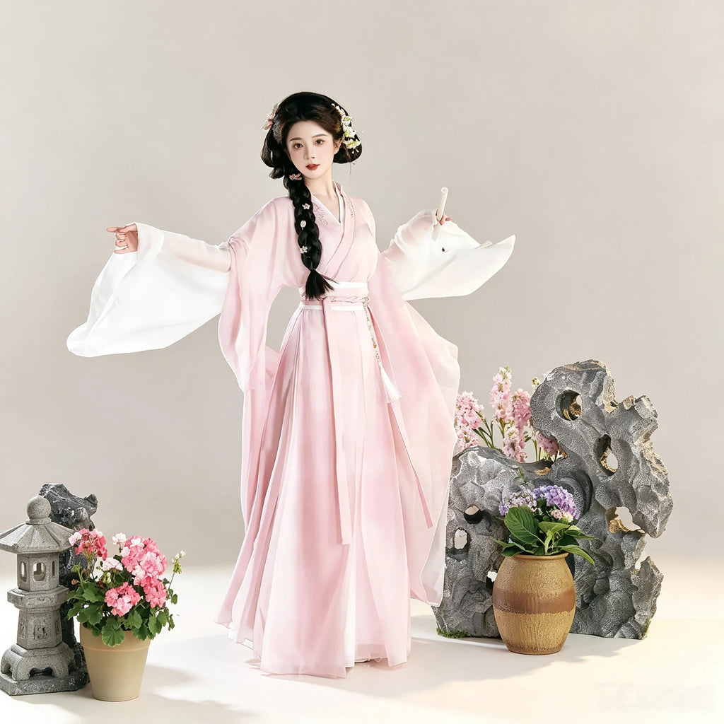 Flowing pink and white Wei-Jin inspired Hanfu outfit