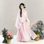 Wide-sleeve pink Ru top and layered Qun skirt for women