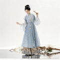 Blue Ming-style Hanfu with a camellia embroidered Bijia vest and horse-face skirt