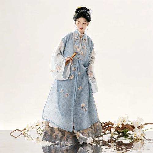 Women's blue embroidered Hanfu outer vest with a round-collar shirt