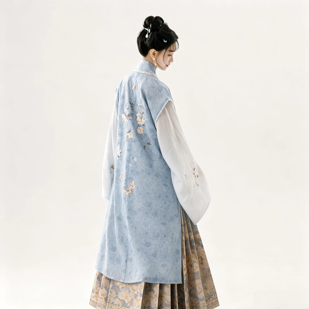 Ming-inspired blue Bijia vest featuring camellia floral embroidery
