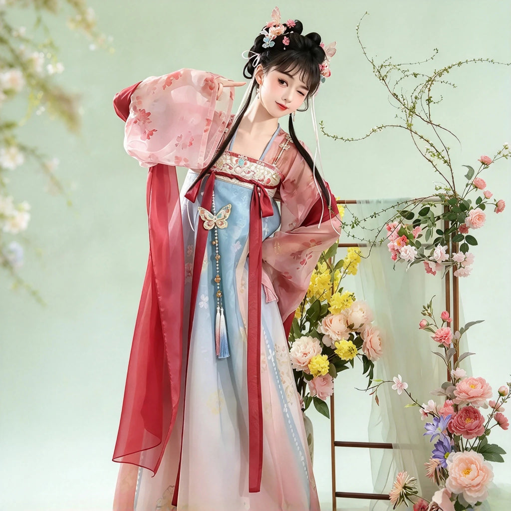 Crimson red and fog blue floral Tang-style Hanfu set