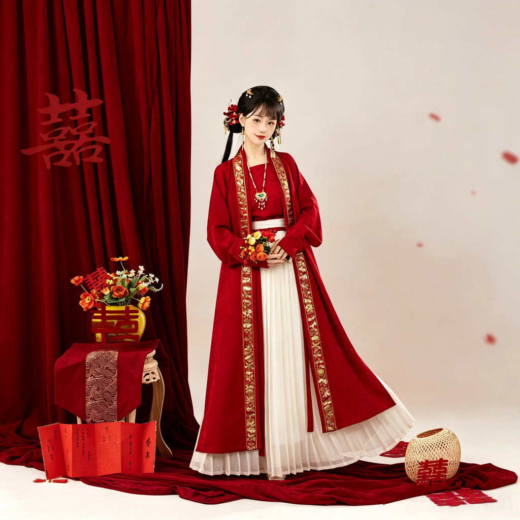 Crimson red and gold Song-style bridal Hanfu with a cream pleated skirt