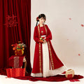 Crimson red and gold Song-style bridal Hanfu with a cream pleated skirt