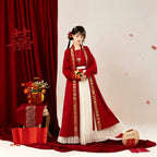 Crimson red and gold Song-style bridal Hanfu with a cream pleated skirt