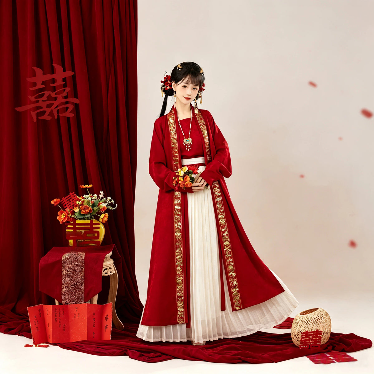 Crimson red and gold Song-style bridal Hanfu with a cream pleated skirt