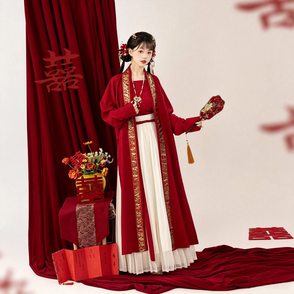 Women's red Beizi bridal Hanfu cardigan with gold trim