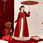 Song-inspired wedding Hanfu with red outer layer and Moxiong top