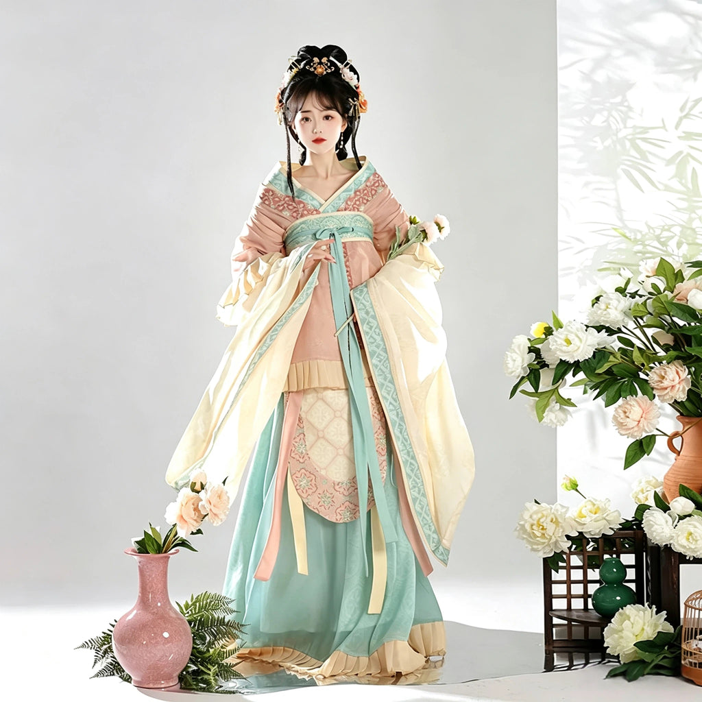 Dusty pink and aqua green Wei-Jin style Hanfu with ruffled sleeves